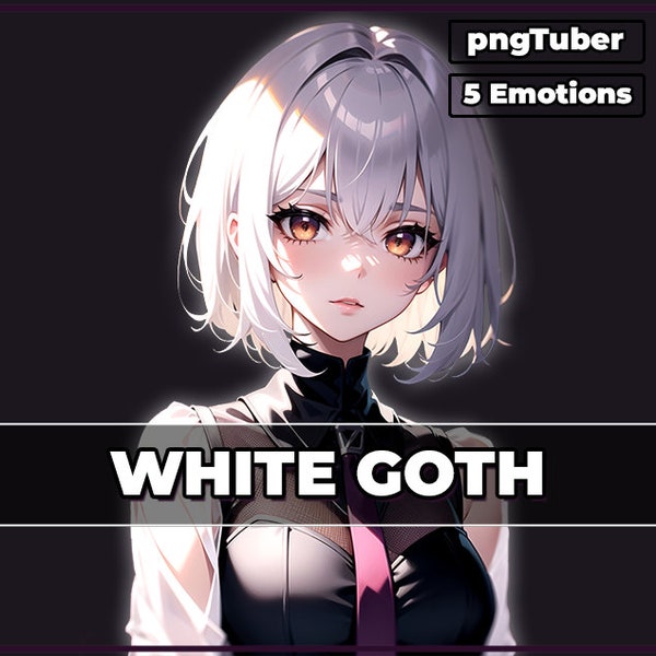 White Goth Girl PNGTuber Model: 5 Emotions, Ready for Streaming