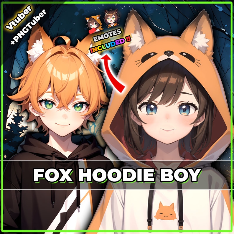 May include: A digital illustration of a character wearing a brown and orange fox hoodie with white accents. The hoodie has a fox face on the front. The character has orange hair and green eyes. The text "FOX HOODIE BOY" is at the bottom of the image. The text "EMOTES INCLUDED!" is in a speech bubble above the character's head.