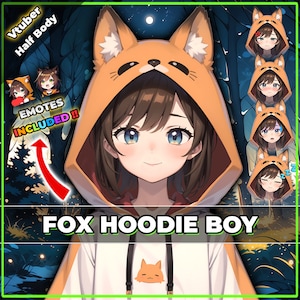 Puede incluir: Una ilustración digital de un personaje de dibujos animados que lleva una sudadera blanca con un diseño de cabeza de zorro. La sudadera es naranja y tiene una cara de zorro en la capucha. El personaje tiene el pelo castaño y los ojos azules. El texto "FOX HOODIE BOY" está escrito debajo del personaje. El texto "EMOTES INCLUDED!" está escrito en un cuadro rojo en la esquina superior izquierda de la imagen.