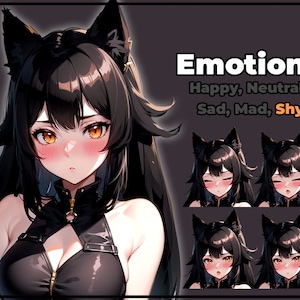 May include: A digital illustration of a black cat girl with different facial expressions. The expressions include happy, neutral, sad, mad, and shy. The text "Emotions" is at the top of the image, and the text "Happy, Neutral, Sad, Mad, Shy" is below the image.