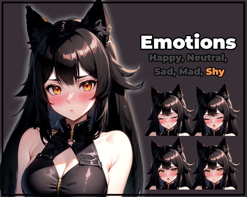 May include: A digital illustration of a black cat girl with different facial expressions. The expressions include happy, neutral, sad, mad, and shy. The text "Emotions" is at the top of the image, and the text "Happy, Neutral, Sad, Mad, Shy" is below the image.
