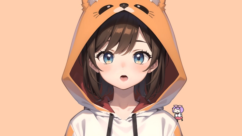 May include: A young woman with brown hair and blue eyes is wearing a white hoodie with an orange fox-shaped hood. The hood has a black nose and whiskers. The woman is looking at the viewer with a surprised expression.