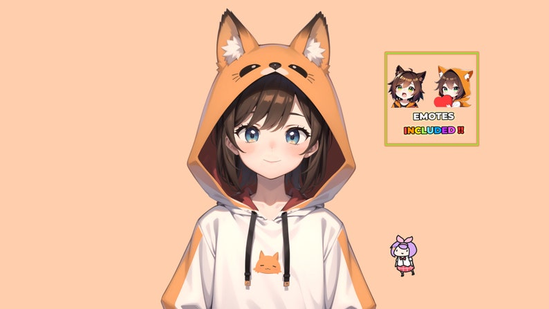 May include: An anime-style illustration of a girl with brown hair wearing a white hoodie with orange fox ears and a fox face on the front. The girl is smiling and looking at the viewer. The background is a light orange color. The image also includes two small emotes of the girl with different expressions, and the text "EMOTES INCLUDED!" in rainbow colors.
