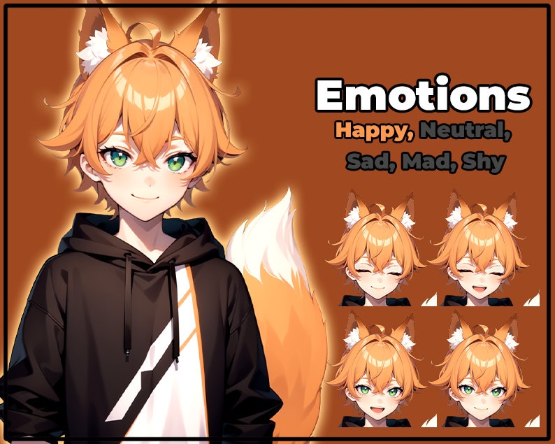 May include: A digital illustration of a cartoon fox character with orange fur, green eyes, and a black hoodie. The character is shown with different facial expressions, including happy, neutral, sad, mad, and shy.