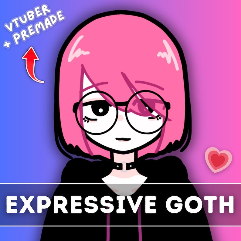 May include: A digital illustration of a cartoon character with pink hair, wearing black clothing, round glasses, and a choker. The character has a bored expression and is looking to the side. The text "EXPRESSIVE GOTH" is at the bottom of the image.