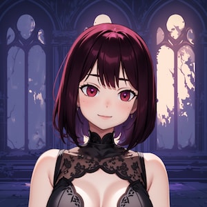 May include: A woman with long, dark red hair is wearing a black lace top with a high neckline. She is standing in front of a dark, gothic-style background.