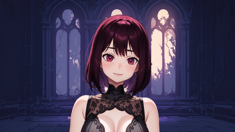 May include: A woman with long, dark red hair is wearing a black lace top with a high neckline. She is standing in front of a dark, gothic-style background.