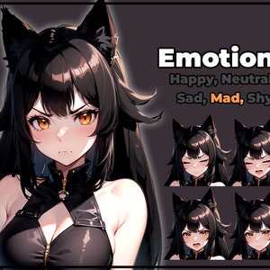 May include: A digital illustration of a female anime character with black hair and cat ears. The character is shown with different facial expressions, including happy, neutral, sad, mad, and shy. The text "Emotions" is displayed above the character, with the words "Happy, Neutral, Sad, Mad, Shy" listed below.