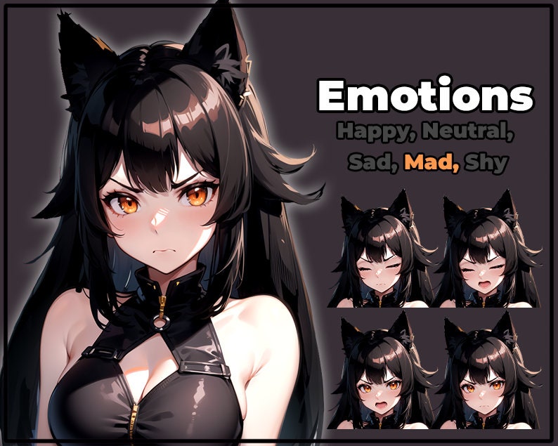 May include: A digital illustration of a female anime character with black hair and cat ears. The character is shown with different facial expressions, including happy, neutral, sad, mad, and shy. The text "Emotions" is displayed above the character, with the words "Happy, Neutral, Sad, Mad, Shy" listed below.