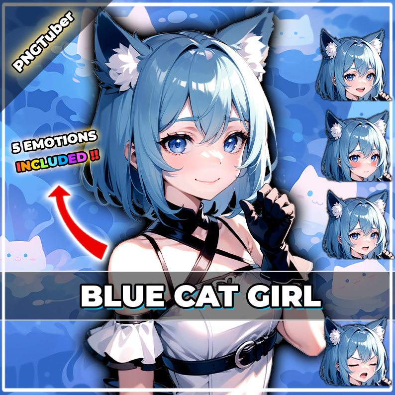 pngTuber, Blaue Katze Neko Girl 2d Vtuber / Vorgefertigtes & Presetup Model mit 5 Ausdrücken, bereit zum Streamen / Veadotube / Twitch / Ready 2 Use