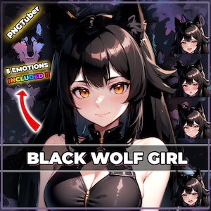 pngTuber, Black Wolf Neko Girl 2d Vtuber / Gotowy i wstępnie skonfigurowany model z 5 wyrażeniami, gotowy do przesyłania strumieniowego / Veadotube / Twitch / Gotowy do użycia