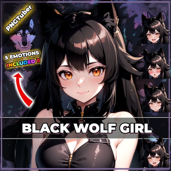 Black Wolf Neko Girl PNGTuber Model: 5 Expressions (Veadotube)