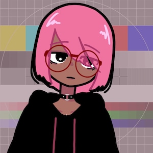 May include: A cartoon illustration of a person with pink hair wearing red-rimmed glasses and a black hoodie. The person has brown skin and is looking to the side.