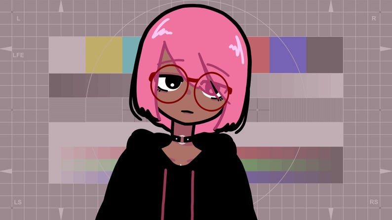 May include: A cartoon illustration of a person with pink hair wearing red-rimmed glasses and a black hoodie. The person has brown skin and is looking to the side.