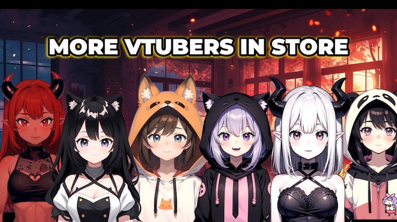 Op de afbeelding: Een groep van zes anime-personages met verschillende haarkleuren en outfits. Ze dragen allemaal hoodies met dierenoren. De tekst "MORE VTUBERS IN STORE" staat bovenaan de afbeelding.