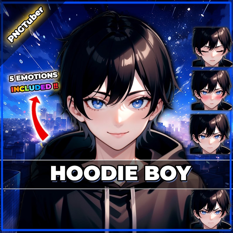 May include: Digital art of a young person with black hair and bright blue eyes, wearing a black hoodie. The image includes the text "HOODIE BOY" and "5 EMOTIONS INCLUDED !!". Additional images show different facial expressions.