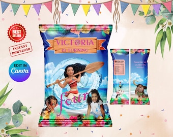 Bolsa de chips de Moana, bolsa de chips inspirada en Moana, bolsas de chips personalizadas, fiesta digital de Moana, imprimible de Moana, bolsas de golosinas de Moana