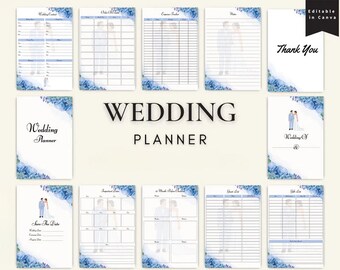 May include: A wedding planner with a blue and white floral design. The planner includes sections for wedding contacts, guest list, budget, and more. The text "WEDDING PLANNER" is in black text on a white background.