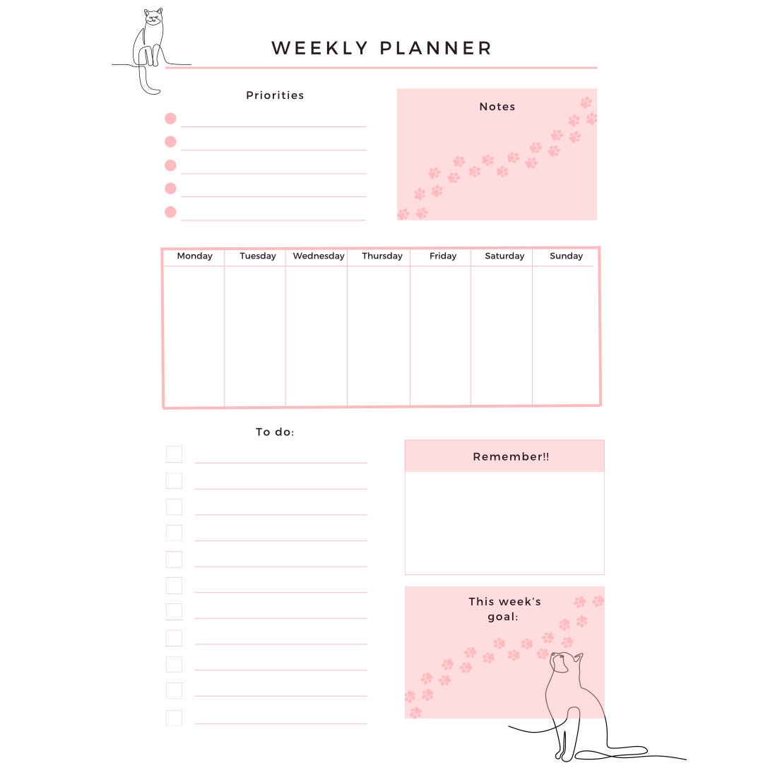 Weekly Planner PDF Digital Download Cat - Etsy