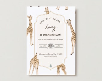 May include: A white invitation with a gold border and a giraffe pattern. The text reads "Let's go to the zoo Lacey is turning two!" with a date and time for the event. The invitation also includes an address and RSVP information.