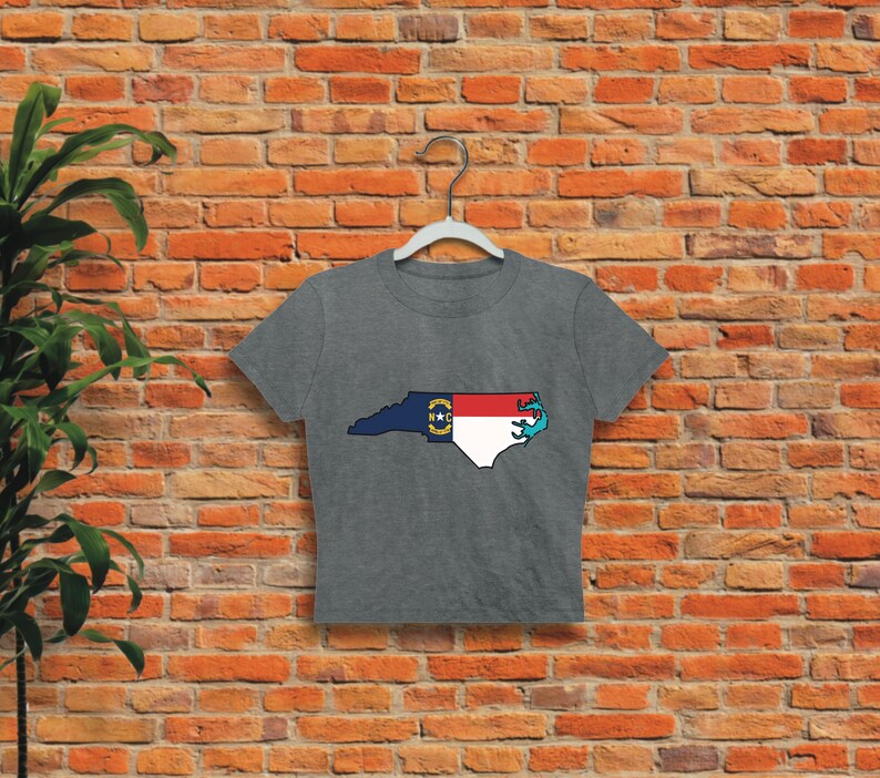 May include: A gray cropped t-shirt with a graphic of the state of North Carolina in the shape of the state flag. The flag is red, white, and blue with a yellow star in the blue triangle.