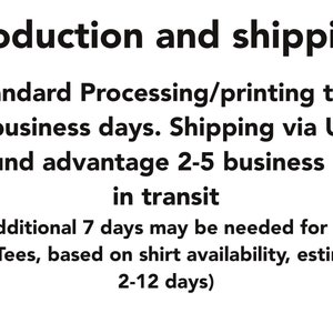 May include: Production and shipping information. Standard processing/printing time is 2-5 business days. Shipping via USPS Ground advantage takes 2-5 business days in transit. An additional 7 days may be needed for Micro Baby Tees, based on shirt availability, estimated 2-12 days.