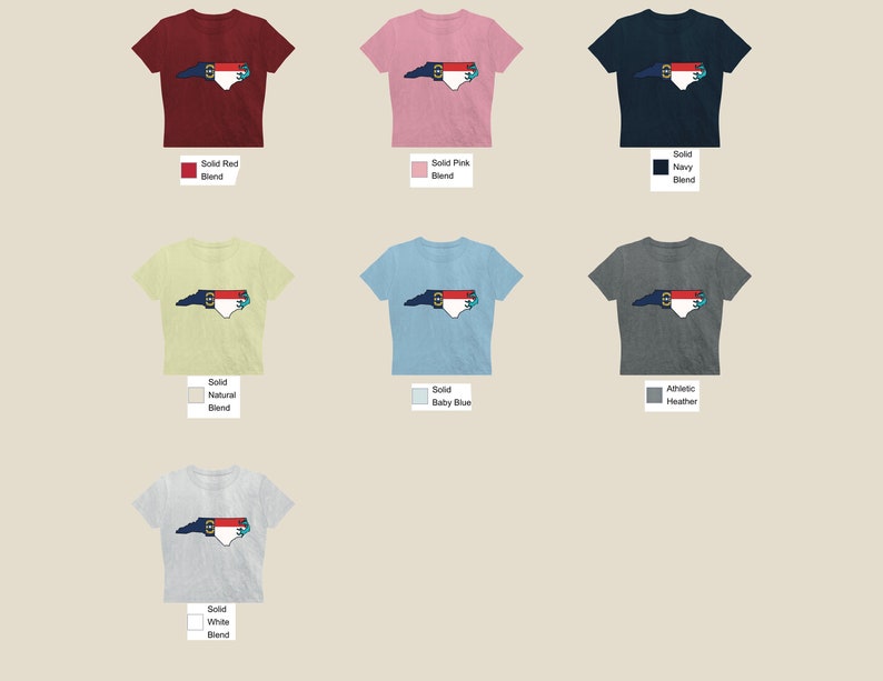May include: A set of ten t-shirts featuring a graphic of the state of North Carolina with the state flag colors. The shirts are available in a variety of colors, including red, pink, navy, natural, baby blue, heather grey, and white.
