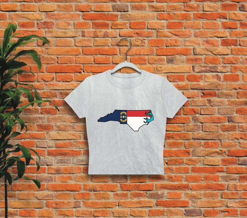 May include: A grey cropped t-shirt with a graphic of the state of North Carolina outlined in black and filled with the North Carolina state flag colors. The flag is red, white, and blue with a yellow star in the center.