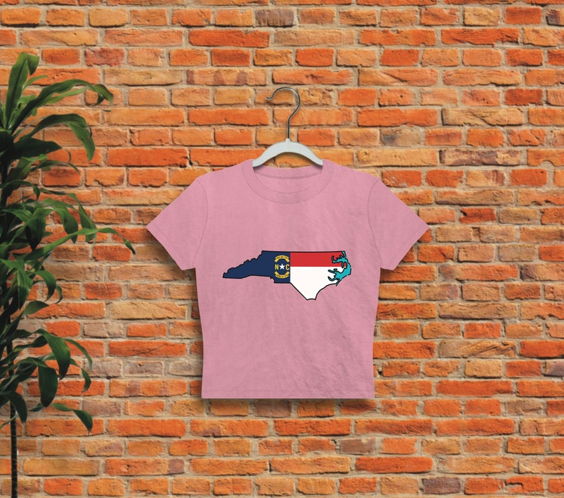 May include: A pink cropped t-shirt with a graphic of the state of North Carolina, featuring the state flag. The outline of the state is filled with the colors of the North Carolina flag.