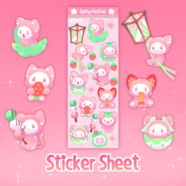 Spring festival sticker sheet for deco journaling scrapbooking cute kawaii pink themed