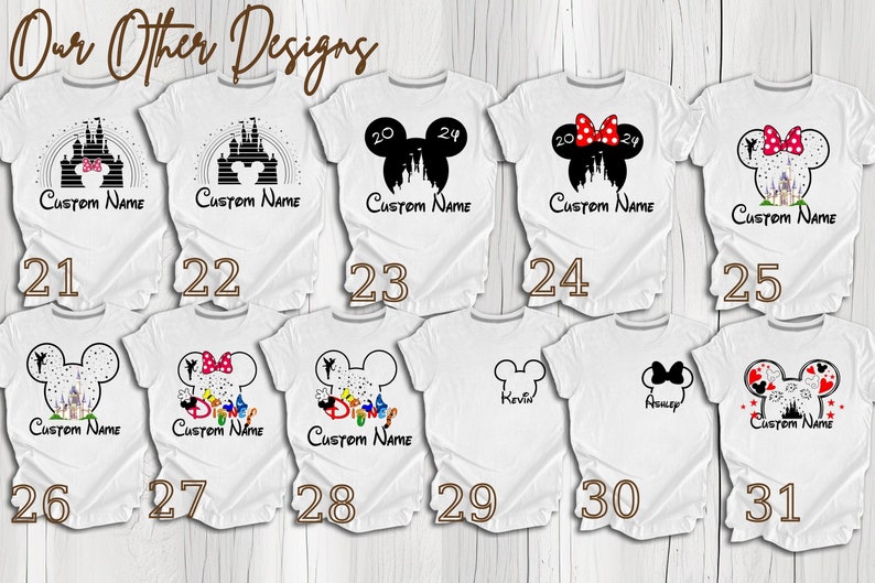Pu&ograve; includere: Un set di 11 magliette bianche con vari disegni a tema Disney. I disegni includono le orecchie di Topolino, il castello di Cenerentola e altri personaggi Disney. Le magliette sono numerate da 21 a 31.