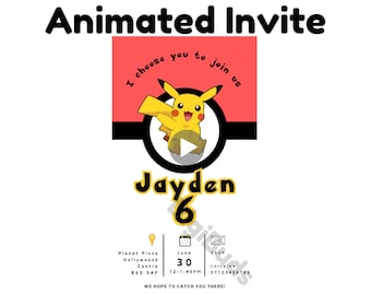 Pokemon Ball Birthday Invitation Pikachu Invite Birthday Party Kids Pika Pokeball animated invitation