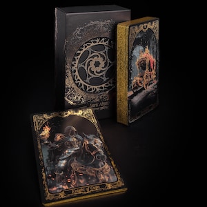 May include: A tarot card deck with a dark aesthetic. The box and cards feature gold accents and intricate designs. One card shows a knight on horseback, labeled "Knight of Cups." The deck is titled "Dark Abyss."