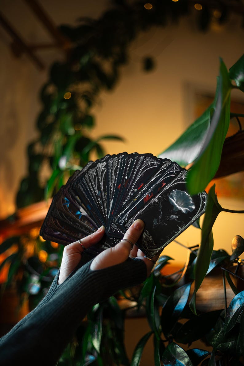 May include: A fan of black tarot cards featuring intricate white line art borders and detailed botanical illustrations of flowers. The cards are held in a spread, showcasing the dark aesthetic and the ornate, decorative framing on each individual card.