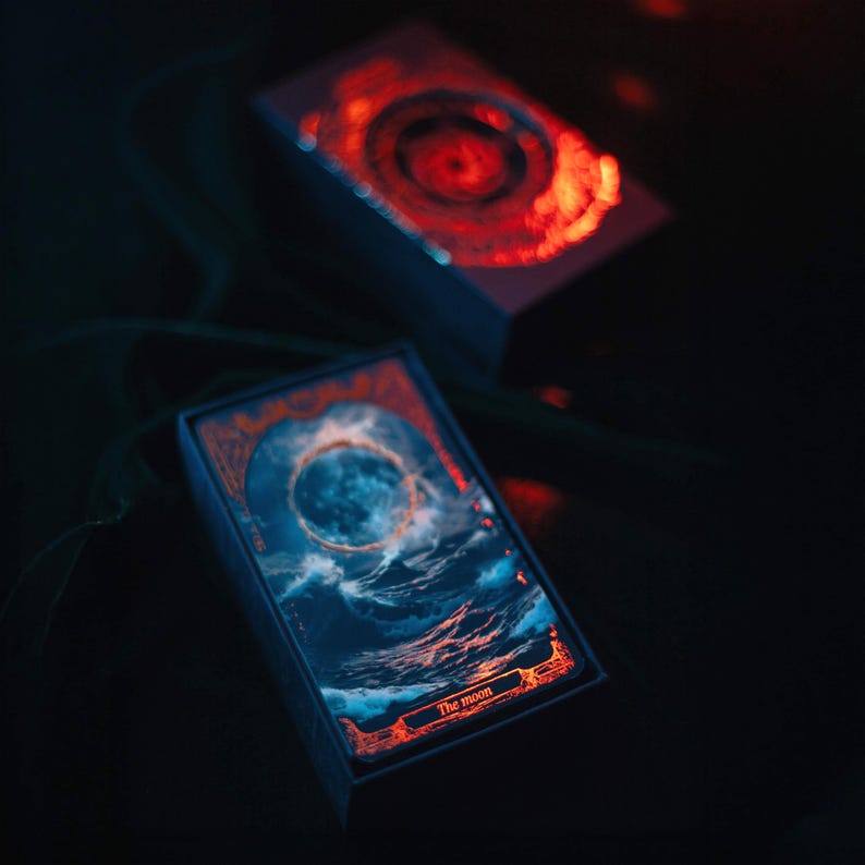 May include: A deck of tarot cards with a dark, mystical aesthetic. The cards feature a blue and orange color scheme, with the image of the moon on one card. The card's title, "The moon," is visible. The deck is set against a dark background.