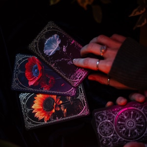 May include: A set of rectangular tarot cards featuring detailed floral illustrations including a bright yellow sunflower, a vibrant red poppy, and a pale blue morning glory, all framed with ornate silver borders on a dark background.