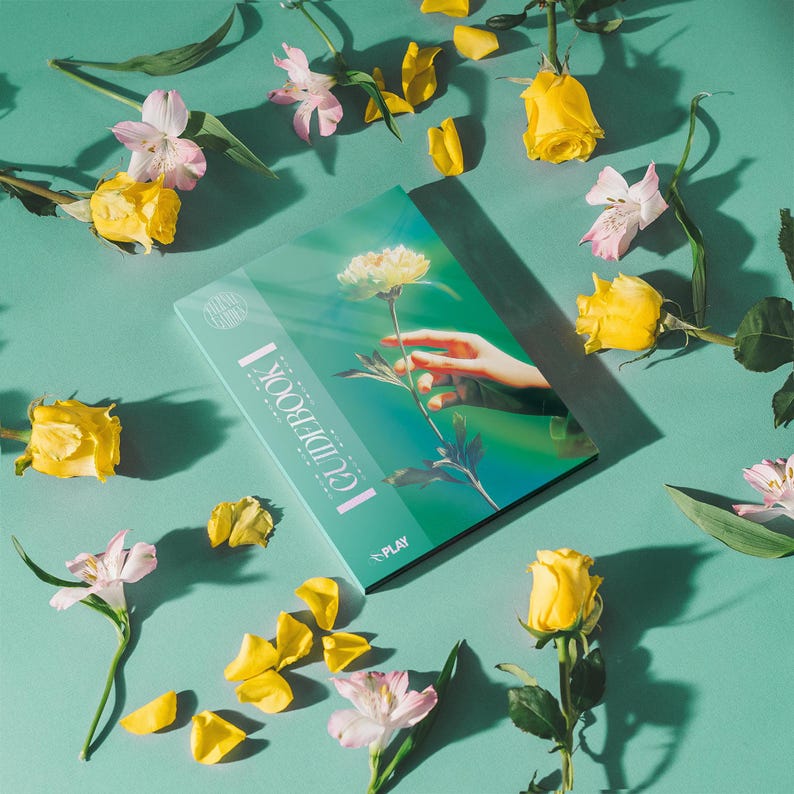 May include: A rectangular guidebook with a teal cover featuring a graphic of a hand reaching towards a yellow flower. The text "GUIDEBOOK I" and "PLAY" are printed on the front. The book is surrounded by scattered yellow roses and pink alstroemeria.