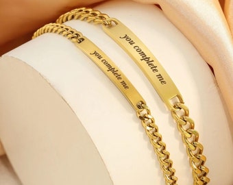 Engraved Couple Bracelets: Matching Stainless Steel Message Bar Set
