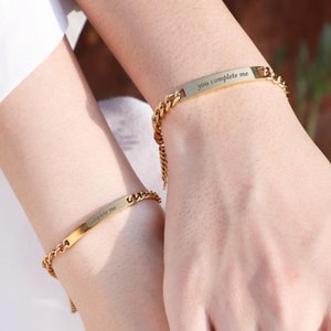 Engraved Couple Bracelets: Matching Stainless Steel Message Bar Set Anniversary Valentines Day Husband Wife
