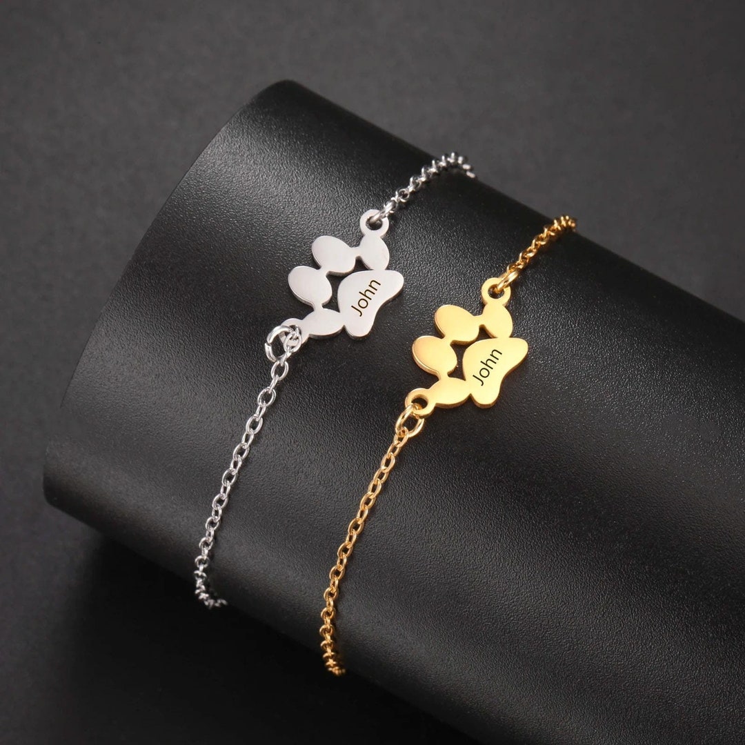 Paw Print Name Bracelet, Personalized Elegant Dog Paw Bracelet ...