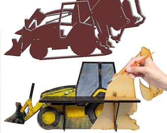 Backhoe Construction Truck STENCILS INCLUDED + How-To Video - Paintable Wood Shelf with Hook Hangers - Art and Crafts Kit for Adults or Kids