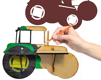 Tractor STENCILS INCLUDED + How-To Video -- Paintable Wood Shelf with Hook Hangers -- Arts and Crafts Kit for Adults or Kids