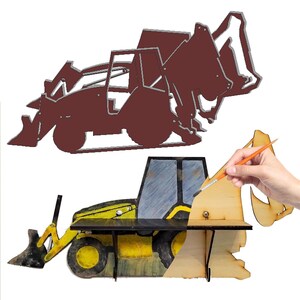 Backhoe Construction Truck STENCILS INCLUDED + How-To Video - Paintable Wood Shelf with Hook Hangers - Art and Crafts Kit for Adults or Kids