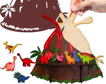 Jurassic Dinosaur Volcano with 10 dinosaurs STENCILS INCLUDED + How-To Video - Paintable Wood Shelf - Arts and Crafts Kit for Adults or Kids