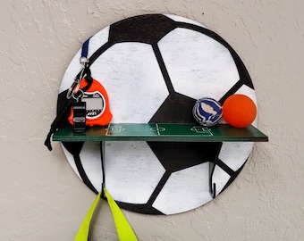 Soccer and Field STENCILS INCLUDED + How-To Video -- Paintable Wood Shelf with Hook Hangers -- Arts and Crafts Kit for Adults or Kids