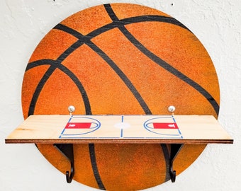 Basketball and Court STENCILS INCLUDED + How-To Video -- Paintable Wood Shelf with Hook Hangers -- Arts and Crafts Kit for Adults or Kids