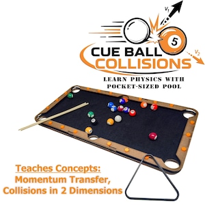 May include: A miniature pool table with a black felt surface, wooden frame, and six pockets. Includes two wooden cues, a black plastic triangle rack, and several small colored billiard balls. Text reads: CUE BALL COLLISIONS LEARN PHYSICS WITH POCKET-SIZED POOL Teaches Concepts: Momentum Transfer, Collisions in 2 Dimensions.