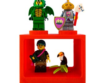 Red Minfig Display Shelf Brick | Mount It. Display It. Build With It.  | COMPATIBLE WITH LEGO Classic Blocks & Minifigures