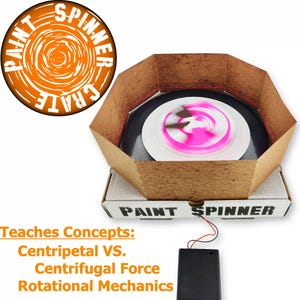 May include: A paint spinner kit featuring a circular orange logo with the text PAINT SPINNER CRATE, a cardboard octagonal splash guard, a white spinning platform with pink paint, and a battery pack. The base box is labeled PAINT SPINNER.