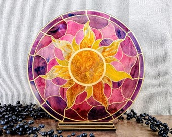 Rapunzel Sun 11.5" Diameter Acrylic Stained Glass Window With Stand - Freestanding Decorative Suncatcher for Home or Office